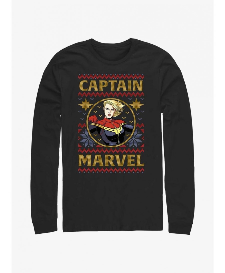 Clearance Marvel Captain Marvel Ugly Christmas Long-Sleeve T-Shirt $11.19 T-Shirts